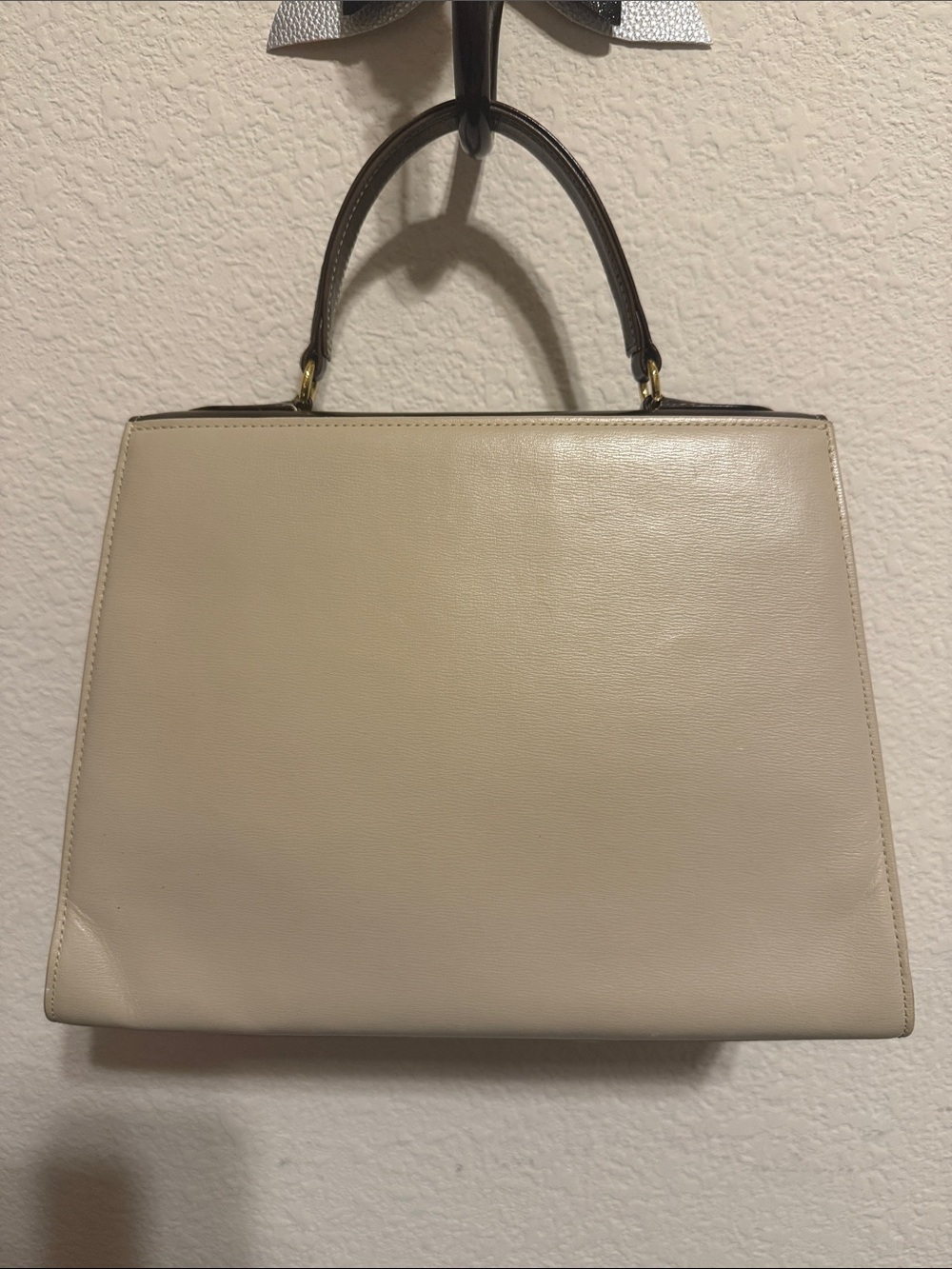 Valentino Garavani Two-Tone Cream and Dark Brown Leather Top-Handle Satchel - Picture 2 of 11